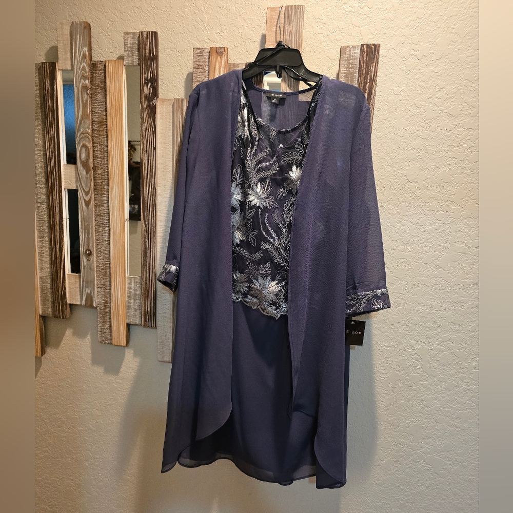 Never Worn Elegant Formal Slate Blue Sheer Jacket and Dress